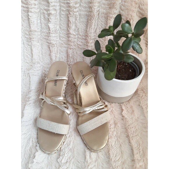 Victoria Secret Colin Stuart Gold Beige Lace Up Women Wedge Heels Size 9 - Picture 1 of 12